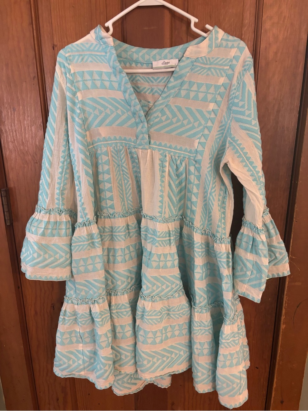 Devotion Twins Ella Embroidered Tunic Dress Neon TurquoiseBlue White Boho Resort - Picture 3 of 9